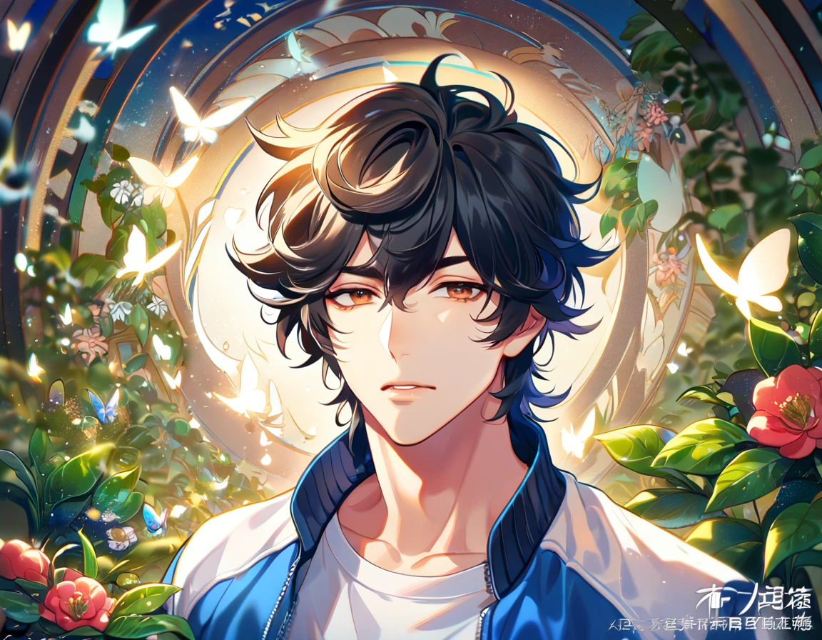 absurdres, highres, ultra detailed, HDR, master piece, best quality, extremely detailed face, delicated features, Cheng Xiaoshi, black hair, has curly hair that parts just above his left eye, expressive brown eyes, Shíguāng Dàilǐrén, solo, sexy man, handsome, steel blue letterman jacket, white T-shirt, fantasy, magical, butterflies, summer, green leaves, flowers, water