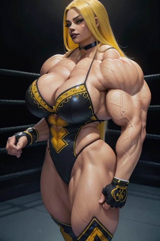 ((Close-up)), tall, (yellow hair) beautiful muscular latino woman, long flowing hair, light brown skinned, closed smile, large breast, (black lipstick), (massive muscles), (hyper muscle), ((ginormous bulky muscles)), gray eyes, ((yellow pro wrestler suit embroidered with intricate designs)), (elbow pads), choker, boots, in a wrestling ring at night, 