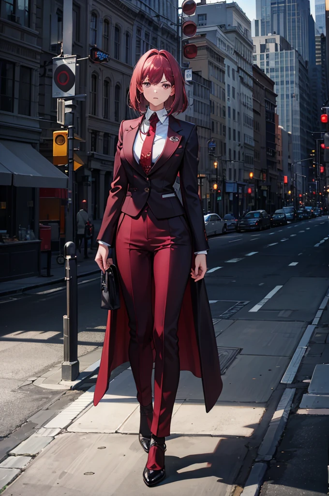 1woman, maroon hair, silver eyes, tall, suit, standing on ground, high res, ultra sharp, 8K, masterpiece
