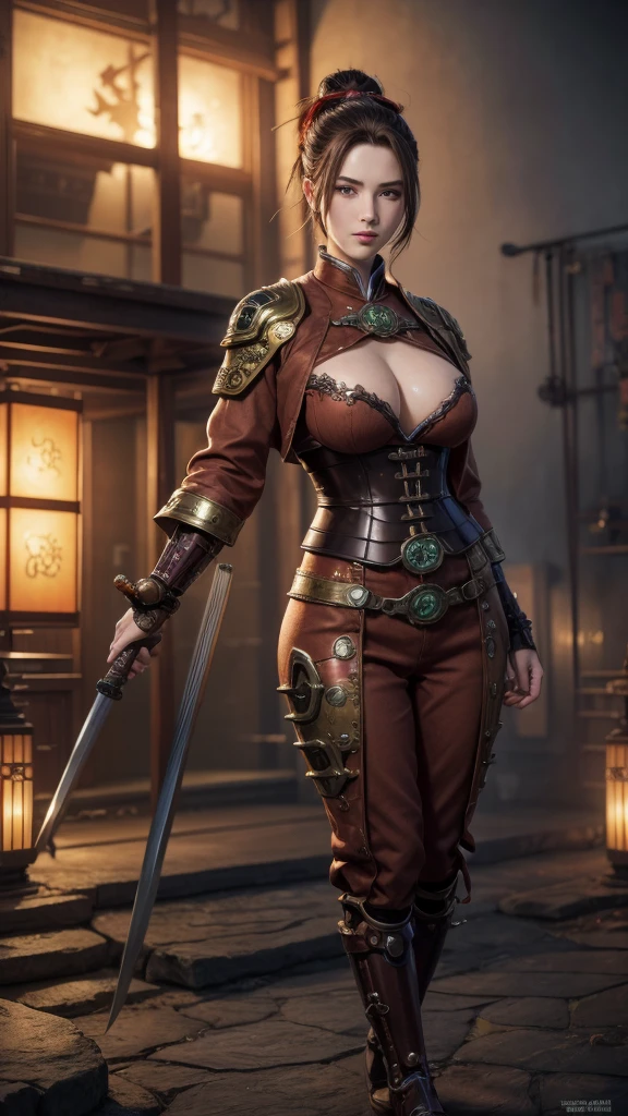 4K Fantasy style, digital drawing mode, Steampunk and Samurai-themed anime female character, brown hair with copper highlights, determined green eyes, wearing a kimono-inspired outfit with gears and cogs, holding a katana with a steam-powered mechanism, background of a Victorian-era city with airships, pale skin, short hair, red lips, focused eyes, full body, dynamic pose, life size, perfect anatomy, detailed metal and fabric texture, full HD, 4K, HDR, depth of field."