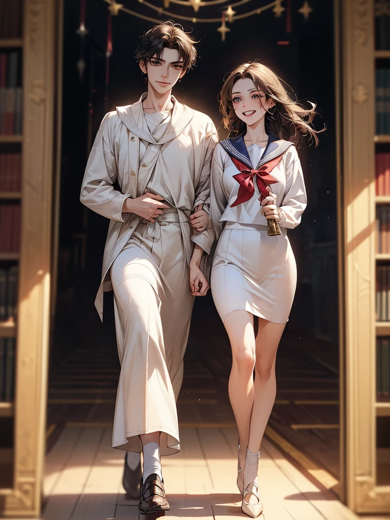(Biologically correct limb count),Full body, including face,4K,Focus on the masterpiece face,Well-proportioned facial features,Delicate descriptive eyes,One beautiful woman、Excellent style,(White Sailor Suit,skirt),(Grin),Looking down,Photos with white borders,Look away from the camera,National Library,walking