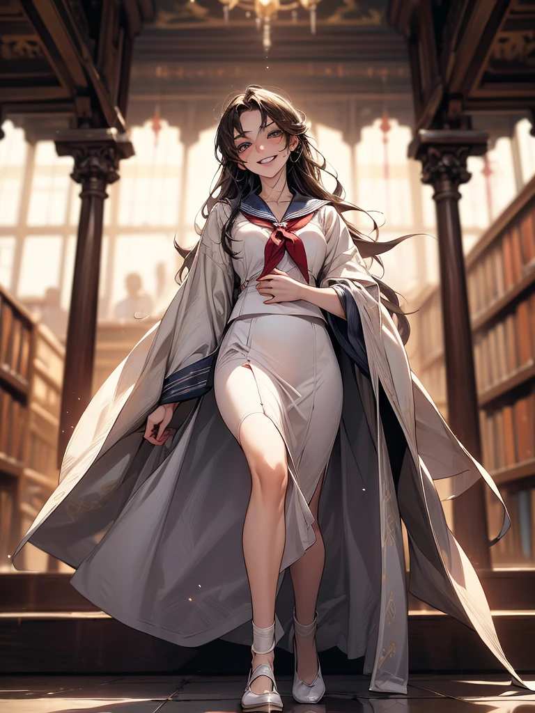 (Biologically correct limb count),Full body, including face,4K,Focus on the masterpiece face,Well-proportioned facial features,Delicate descriptive eyes,One beautiful woman、Excellent style,(White Sailor Suit,skirt),(Grin),Looking down,Photos with white borders,Look away from the camera,National Library,walking
