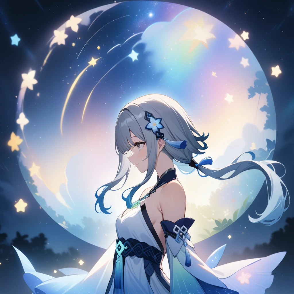 1girl, guizhong_\(genshin_impact\),(grey hair),short_hair_with_long_locks in front and low ponytail in back,(pale grey eyes with seafoam gradient),starry_sky_print,detached_sleeves white outside blue starry inside, hands completely hidden by long sleeves,stunning field of softly glowing cerulean and white glaze lilies,night scene,gentle smile,face focus, eye focus,ladyshadow,moonlight,glossy lips,vivid anime coloring,cel shading,smooth, soft dreamy focus,anklet,halter_top,white clothes,highly detailed,digital painting,bare_shoulders,barefoot,cool night tones, magical night scene,bokeh, professional,anemo colored fireflies,nebula of rainbow and silvery vapor,harmonious blend of nature and art,transcendent beauty,awe-inspiring artwork,(best quality,4k,8k,highres,masterpiece:1.2),matsuryuu and dsmile and agahari,countless glittering stars,cosmic stardust