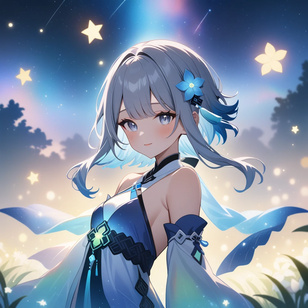 1girl, guizhong_\(genshin_impact\),(grey hair),short_hair_with_long_locks in front and low ponytail in back,(pale grey eyes with seafoam gradient),starry_sky_print,detached_sleeves white outside blue starry inside, hands completely hidden by long sleeves,stunning field of softly glowing cerulean and white glaze lilies,night scene,gentle smile,face focus, eye focus,ladyshadow,moonlight,glossy lips,vivid anime coloring,cel shading,smooth, soft dreamy focus,anklet,halter_top,white clothes,highly detailed,digital painting,bare_shoulders,barefoot,cool night tones, magical night scene,bokeh, professional,anemo colored fireflies,nebula of rainbow and silvery vapor,harmonious blend of nature and art,transcendent beauty,awe-inspiring artwork,(best quality,4k,8k,highres,masterpiece:1.2),matsuryuu and dsmile and agahari,countless glittering stars,cosmic stardust