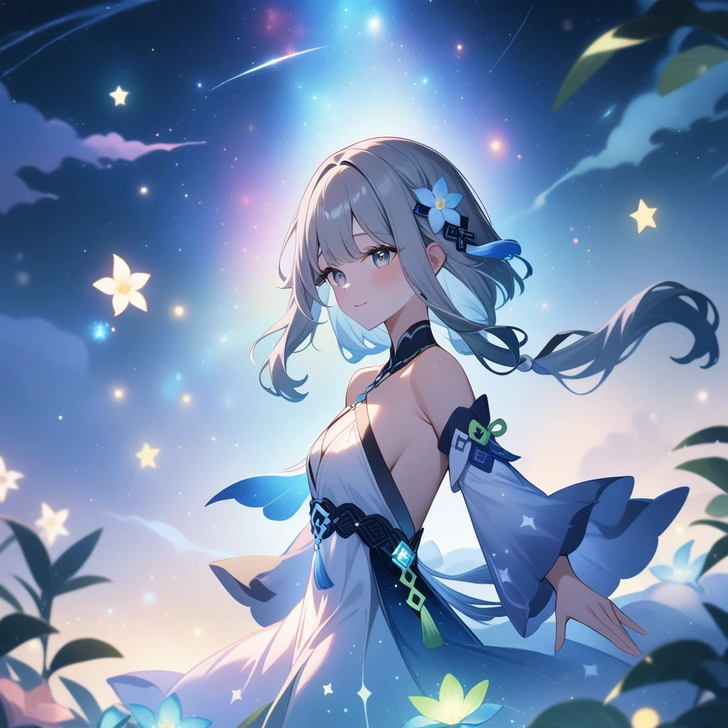 1girl, guizhong_\(genshin_impact\),(grey hair),short_hair_with_long_locks in front and low ponytail in back,(pale grey eyes with seafoam gradient),starry_sky_print,detached_sleeves white outside blue starry inside, hands completely hidden by long sleeves,stunning field of softly glowing cerulean and white glaze lilies,night scene,gentle smile,face focus, eye focus,ladyshadow,moonlight,glossy lips,vivid anime coloring,cel shading,smooth, soft dreamy focus,anklet,halter_top,white clothes,highly detailed,digital painting,bare_shoulders,barefoot,cool night tones, magical night scene,bokeh, professional,anemo colored fireflies,nebula of rainbow and silvery vapor,harmonious blend of nature and art,transcendent beauty,awe-inspiring artwork,(best quality,4k,8k,highres,masterpiece:1.2),matsuryuu and dsmile and agahari,countless glittering stars,cosmic stardust