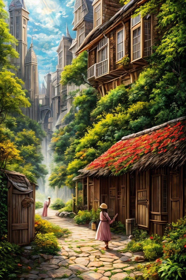 Very detailed, A realistic masterpiece of a surreal and imaginative painting of a medieval city, 8k resolution, Vibrant colors, hyperrealism style, naive art, Sharp focus, Physically Based Rendering, Professional Artistic Compositing, Outdoor natural scenery, green々Leaf, Dreamy atmosphere, Dramatic lighting, Mysterious feeling