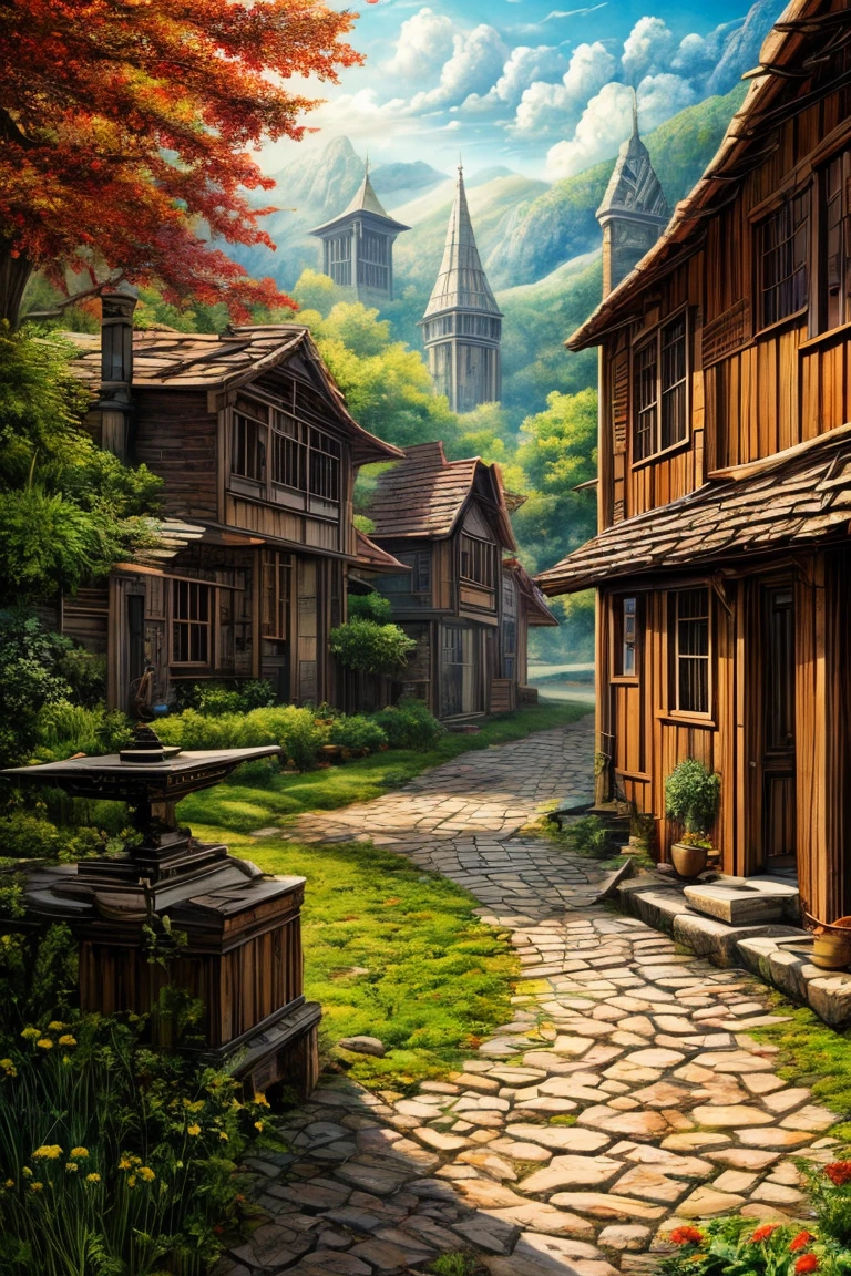 Very detailed, A realistic masterpiece of a surreal and imaginative painting of a medieval city, 8k resolution, Vibrant colors, hyperrealism style, naive art, Sharp focus, Physically Based Rendering, Professional Artistic Compositing, Outdoor natural scenery, green々Leaf, Dreamy atmosphere, Dramatic lighting, Mysterious feeling