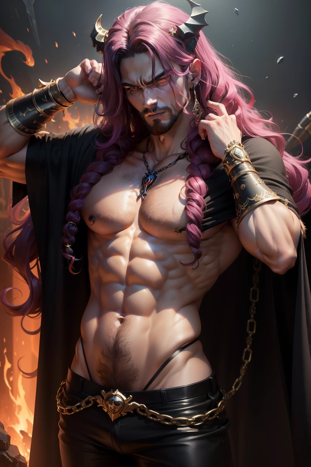 (8k,shipmentsrrealista shipments Maximum quality;1.4) (ung boy) Super cute hairy torso of the king of the underworld (lifelike face) (Long curly hair colored hair) slenderbody Muscular and macho Shock black and nude aristocratic costume with big pink eyes colorful decoration Fangs peeking out of the mouth Pointed claws a seductive gaze Beautiful expression A hyper-realistic (King of the Underworld) appealing (real looking skin) super high resolution high détail Luxury black and colored pants Rainbow aura emanating from the body effect black robe