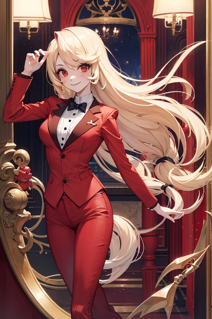 Charlie Morningstar, by the wide, Red suit, Red pants, 1 girl, yellow sclera, by rubio, White skin, perfect anatomy, smiling