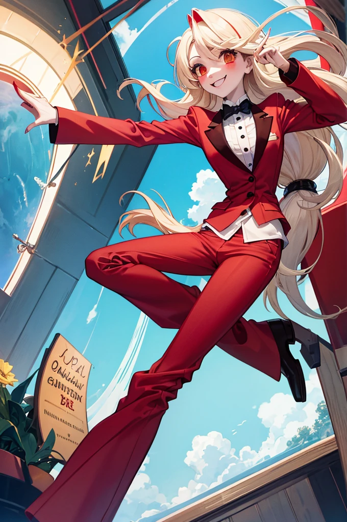 Charlie Morningstar, by the wide, Red suit, Red pants, 1 girl, yellow sclera, by rubio, White skin, perfect ???????, smiling