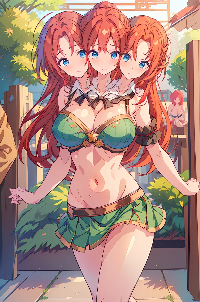 (masterpiece, best quality),best quality, (ultra-detailed), (3heads:1.5), 1girl, (ultra-detailed), (3heads:1.5), 1girl, (hong meiling:1.3), masterpiece, (best quality:1.5, highres, UHD), highres, absurdo, ultra detail, ultra quality, Ultra resolution, green top, crop top, ((stomach)), midriff, ((groin)), green skirt, miniskirt, normal ears, shackles, (red hair), (redhead), very long hair, wavy hair, sidelocks, blue eyes, parted lips, midriff, sweat, cute, toned belly, hand on own chest, eyelashes, (24 year old woman:1.3), (masterpiece:1.5), (best quality:1.5), (beautiful detailed), extremely detailed CG, extremely delicate and beautiful, depth of field, (finely detailed face), (perfect details:1.2), (mature female:1.3), wide pelvis, slender, large veiny breast, 16k resolution, high quality, high definition, extremely detailed, masterpiece, (red hair), long hair, (same hair color), alluring presence, twin braid, short skirt, close up, very big tits, huge tits, young, striped, wearing a green beret, hair ornament, chinese clothes, star hat ornament, open belly, nsfw, girl with three heads, three headed girl,