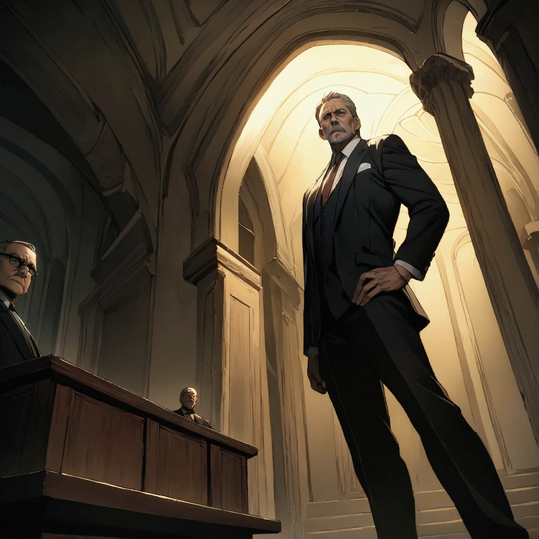 Masterpiece:1.1,Highest quality,8k,official art,courtroom,from below, low angle shot, 1boy,an american,middle aged man,a lawyer is talking enthusiastically,standing,evil,arch enemy,cinematic lighting,looking at viewer, dynamic angle,one hand up,one hand on hip,judge,