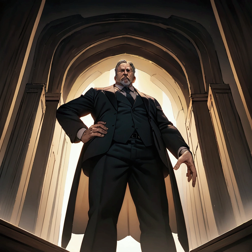Masterpiece:1.1,Highest quality,8k,official art,courtroom,from below, low angle shot, 1boy,an american,middle aged man,a lawyer is talking enthusiastically,standing,evil,arch enemy,cinematic lighting,looking at viewer, dynamic angle,one hand up,one hand on hip,judge,