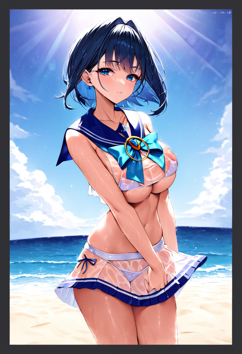 ((Clothesarewet see-through:1.4)),((Underwear is visible)), (((Sailor suit:1.4))),Sheer skirt, (Perfect hands), (Perfect anatomy), (Perfect body structure), ((arms two)), ((legs two)), (((masterpiece, best quality, high resolution, super high resolution, perfect pixel, written border depth, 4K, RTTX10.0))), Super detailed, HDR, Studio Lighting, Sharp Focus, Bright colors, Portrait, Warm tones, Soft Lighting,blue sky、beach、The wind is blowing、