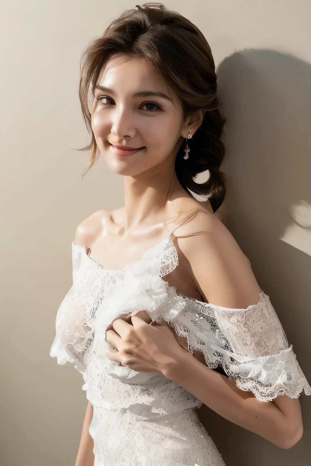 ((Highest quality, 8k, masterpiece: 1.3)), sharp: 1.2, Perfect Body Beauty: 1.6, ((Layered Hairstyles, Big Breasts: 2.0)), (white and long legs: 2.0), (white lace dress: 2.0, Off-the-shoulder dress: 2.0, Dresses with visible breasts: 2.0), ((long hair: 2.0)), ((necklace)), Earrings, ring, Bracelet, Hair Accessories, ((Beautiful young ager woman)), ((Straight nose)), (Eyeliner), Armpit Hair, Bristles, ((White and beautiful skin)), Wavy Hair, Beautiful attention to detail, Super detailed, Highly detailed face and skin texture, fine grain, double eyelid, Black Hair, Big Ass, Lower Body, Thighs, (((Skinny))), Wet and shiny lips, smile, Get a grip on your body, ((Anatomically correct human body)), ((Crisp body shape)), Ribs, clavicle, Protruding skeleton, A face without nasolabial folds, Shyness, Thin eyebrows, Big eyes, (shoot from side: 1.0), (Narrow shoulders: 2.0), (Smile: 1.0), (One arm raised: 1.0), (The dress is lifted up by the chest: 1.0)