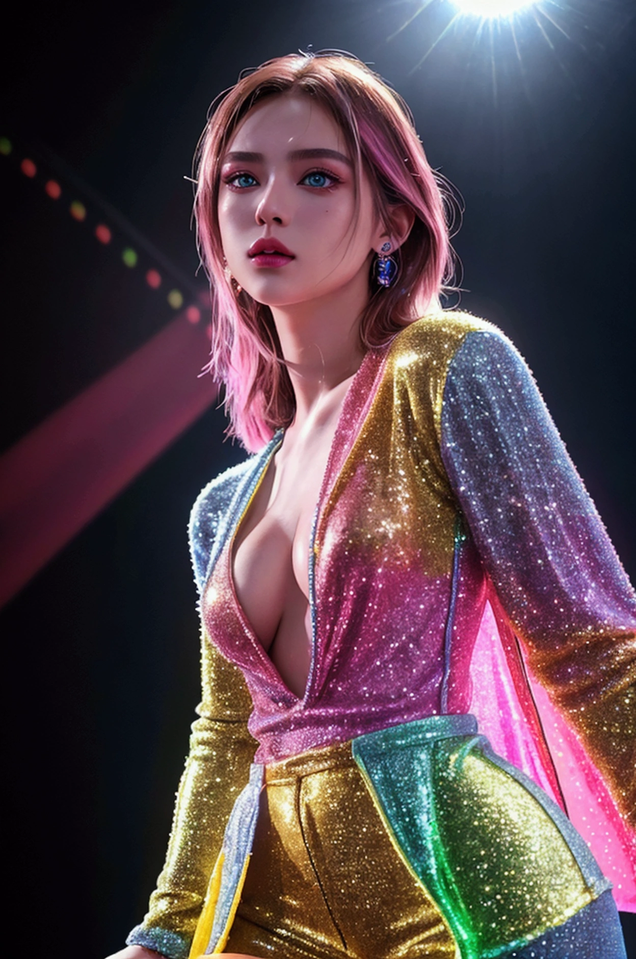 1girl, Fashion model, milano collection, colorfulglitter glowing clothes, stage, from below, low angle shot,  rainbowcolored spot light, realistic, hyper-realistic, photorealistic,ultra-detailed,(realistic,photorealistic,photo-realistic:1.37),vivid colors,dramatic lighting,