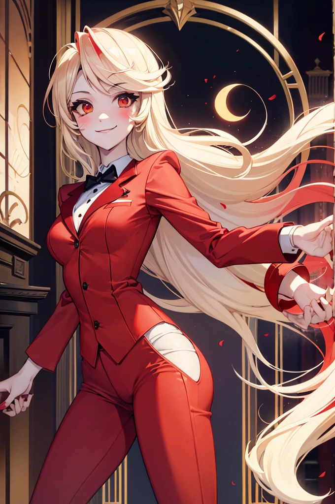 Charlie Morningstar, by the wide, Red suit, Red pants, 1 girl, yellow sclera, by rubio, White skin, perfect anatomy, smiling