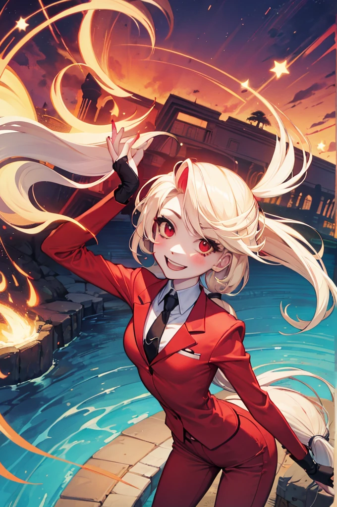 Charlie Morningstar, by the wide, Red suit, Red pants, 1 girl, yellow sclera, by rubio, White skin, perfect anatomy, smiling