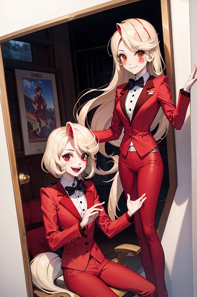 Charlie Morningstar, by the wide, Red suit, Red pants, 1 girl, yellow sclera, by rubio, White skin, perfect anatomy, smiling