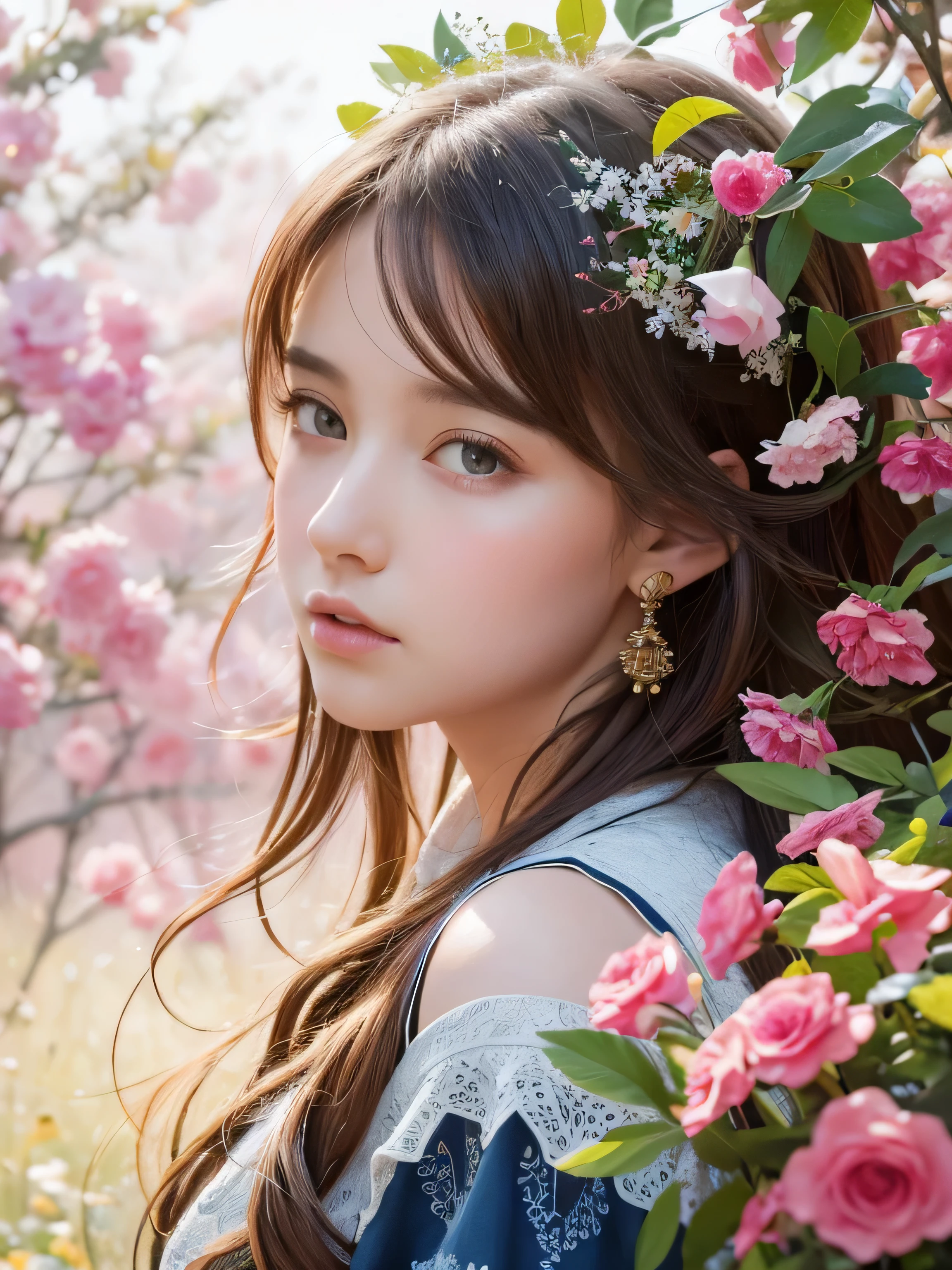 A masterpiece of Fractal Art, a stunningly beautiful and intricately detailed portrait of one girl standing in front of a white background, her piercing eyes gazing directly into the lens. The scene is set against a vibrant, colorful backdrop of flowers, with heavy brushstrokes and oil painting textures adding depth and dimensionality. The subject's profile is framed by lush greenery, with watercolor-inspired splashes of color creating a sense of movement and energy. The overall effect is nothing short of breathtaking, as if plucked straight from the pages of a fantasy novel or the cover of an 8K resolution art book.