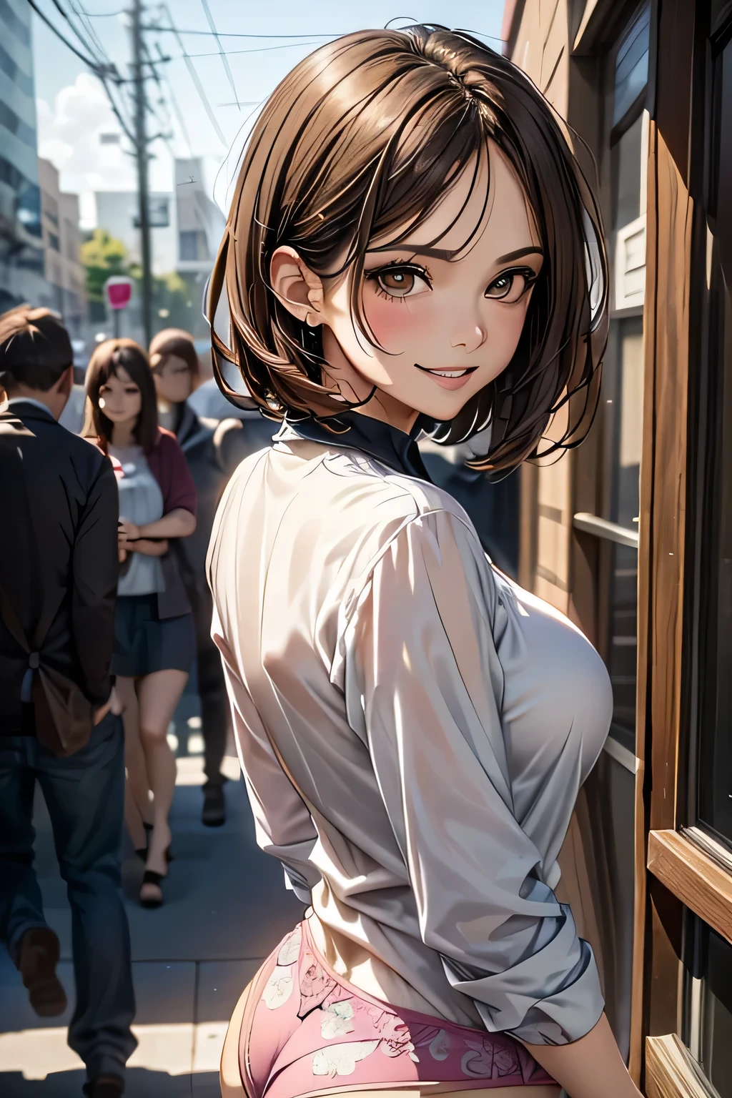 One Woman, alone, middle aged, Beautiful woman、I could see the whole body、 ((short hair)), ((Brown eyes, Beautiful eyelashes, Realistic eyes)), ((Detailed face, blush:1.2)), ((Smooth texture:0.75, Realistic texture:0.65, Realistic:1.1, Anime CG style)), Glamorous Body, Big Breasts, Dynamic Angle, Perfect body, ((Purple transparent blouse, Red mini skirt))、(Hotel stairs)、the wind is strong、(Very embarrassing panic smile)、looked back、I can see her ass sticking out in front of me....、Angle looking up from the bottom of the stairs、 (((I can see your whole ass、Pink floral panties)))、((Tabletop, Highest quality, High resolution, Pixel Perfect, 4K,))),