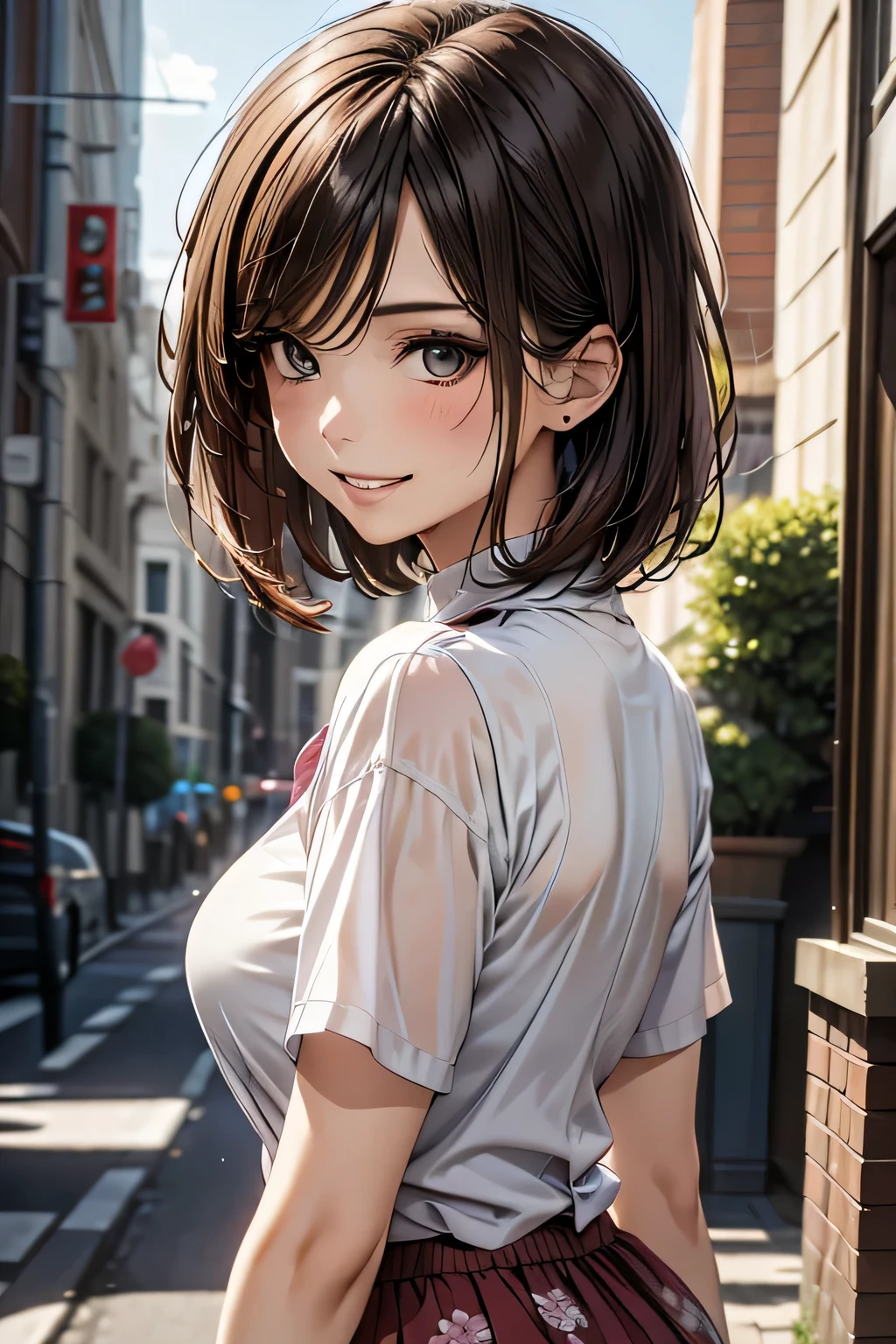 One Woman, alone, middle aged, Beautiful woman、I could see the whole body、 ((short hair)), ((Brown eyes, Beautiful eyelashes, Realistic eyes)), ((Detailed face, blush:1.2)), ((Smooth texture:0.75, Realistic texture:0.65, Realistic:1.1, Anime CG style)), Glamorous Body, Big Breasts, Dynamic Angle, Perfect body,  ((Purple transparent blouse, Red mini skirt))、(Hotel stairs)、the wind is strong、(Very embarrassing panic smile)、looked back、I can see her ass sticking out in front of me....、Angle looking up from the bottom of the stairs、 (((I can see your whole ass、Pink floral panties)))、((Tabletop, Highest quality, High resolution, Pixel Perfect,  4K,))), 