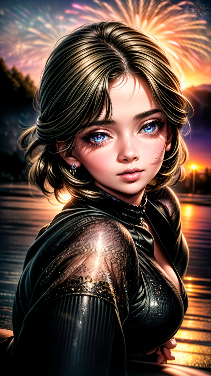 a young girl sitting and looking up at fireworks, beautiful rural landscape, low angle shot, detailed face, beautiful detailed eyes, beautiful detailed lips, extremely detailed face, long eyelashes, elegant pose, stunning sunset sky, glowing fireworks, cinematic lighting, vibrant colors, photorealistic, 8k, best quality, highly detailed, masterpiece