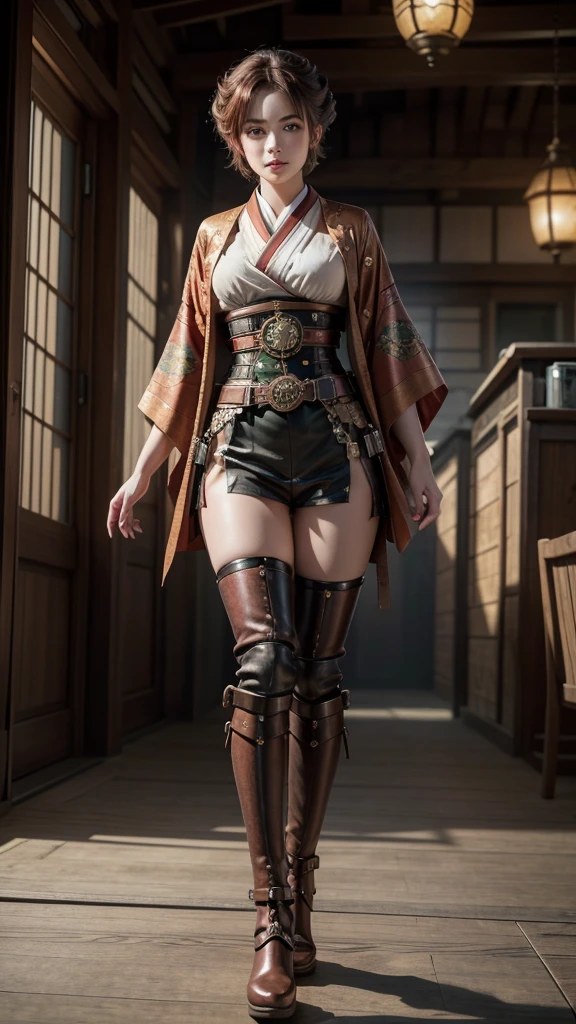 4K Fantasy style, digital drawing mode, Steampunk and Samurai-themed anime female character, brown hair with copper highlights, determined green eyes, wearing a kimono-inspired outfit with gears and cogs, holding a katana with a steam-powered mechanism, background of a Victorian-era city with airships, pale skin, short hair, red lips, focused eyes, full body, dynamic pose, life size, perfect anatomy, detailed metal and fabric texture, full HD, 4K, HDR, depth of field."