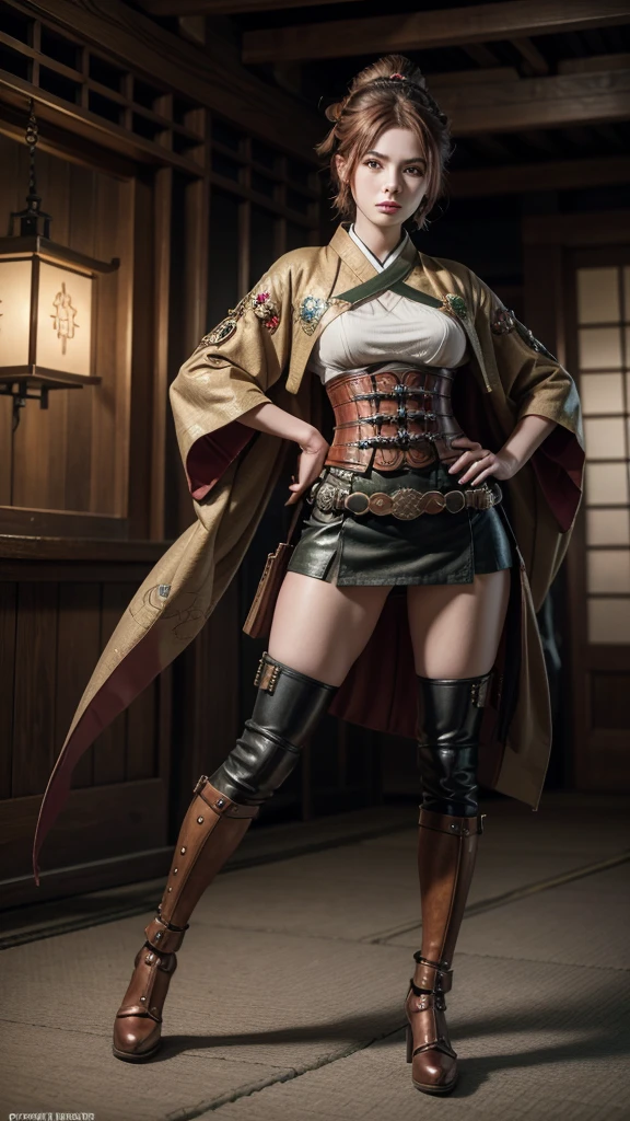 4K Fantasy style, digital drawing mode, Steampunk and Samurai-themed anime female character, brown hair with copper highlights, determined green eyes, wearing a kimono-inspired outfit with gears and cogs, holding a katana with a steam-powered mechanism, background of a Victorian-era city with airships, pale skin, short hair, red lips, focused eyes, full body, dynamic pose, life size, perfect anatomy, detailed metal and fabric texture, full HD, 4K, HDR, depth of field."
