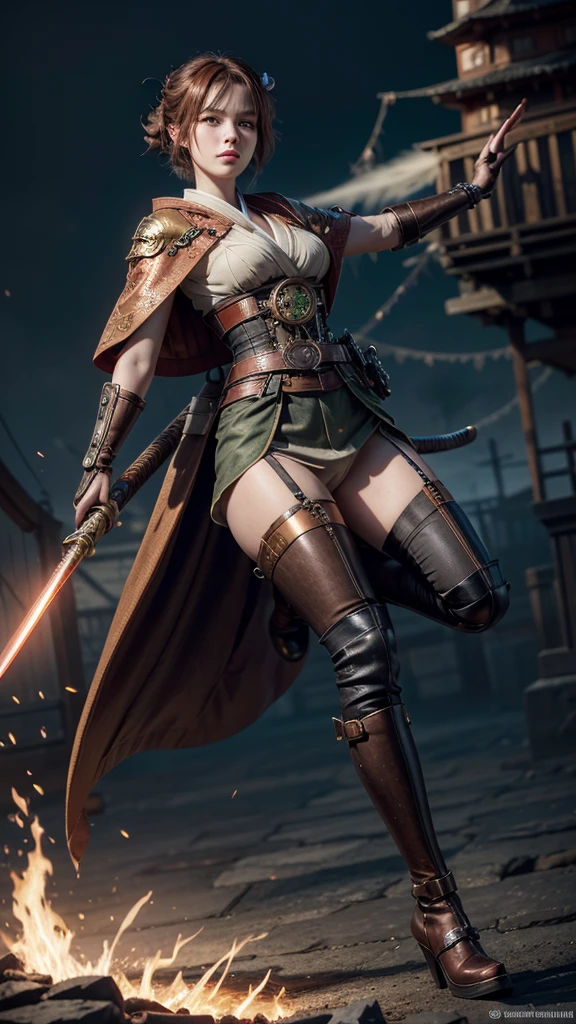 4K Fantasy style, digital drawing mode, Steampunk and Samurai-themed anime female character, brown hair with copper highlights, determined green eyes, wearing a kimono-inspired outfit with gears and cogs, holding a katana with a steam-powered mechanism, background of a Victorian-era city with airships, pale skin, short hair, red lips, focused eyes, full body, dynamic pose, life size, perfect anatomy, detailed metal and fabric texture, full HD, 4K, HDR, depth of field."