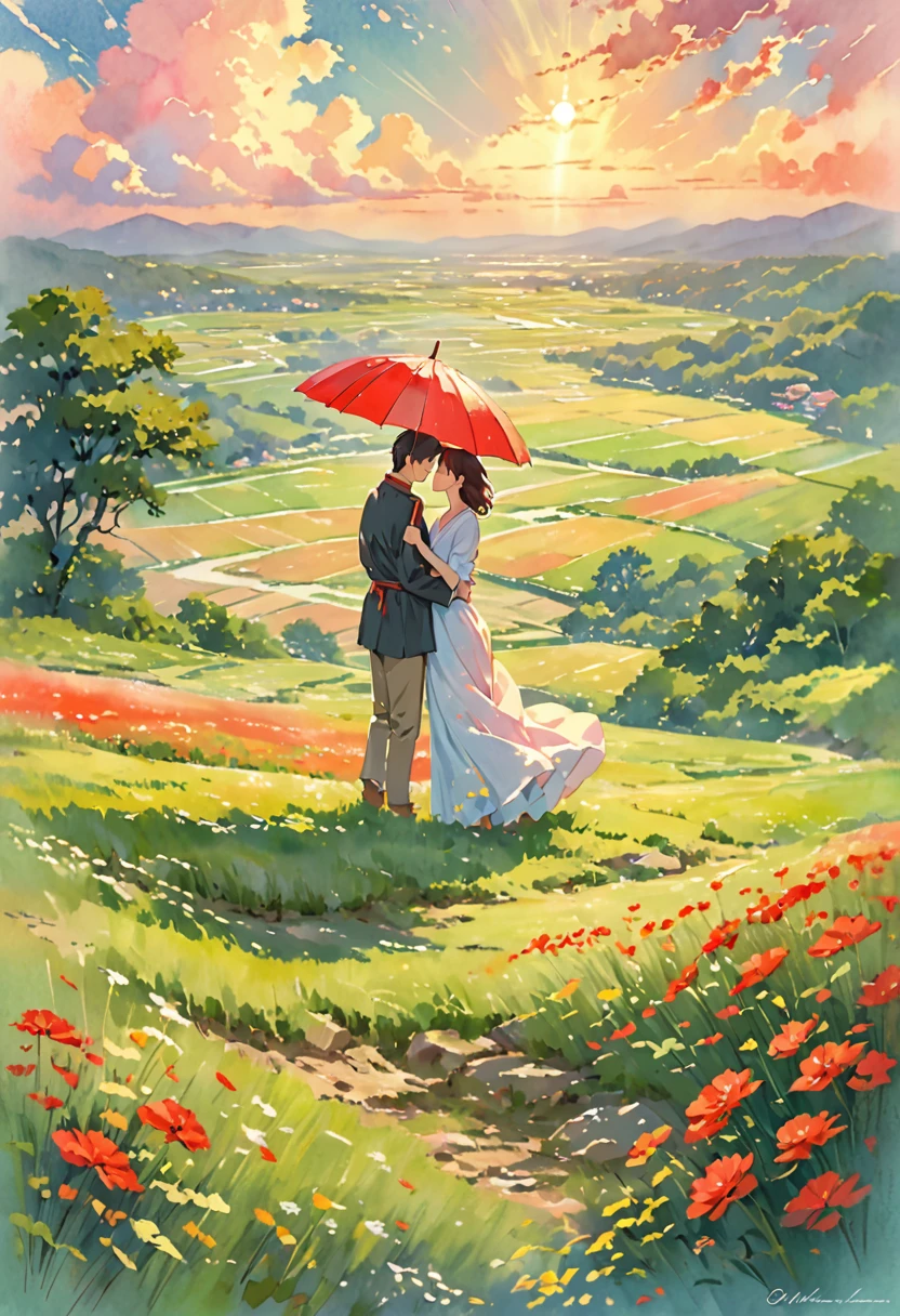 A romantic couple standing together on a grassy plain, holding a red umbrella. The man and woman embrace each other tenderly, looking into each other's eyes with love and affection. The scene is set against a backdrop of a vast open landscape, with a beautifully clouded sky above. The lush green grass in the foreground stretches out, providing a soft and natural base for the scene. The image has a slightly painterly effect, with the colors appearing vibrant and soft, reminiscent of an anime or watercolor painting. The overall atmosphere is serene and romantic, capturing a tender moment between the couple. The focus is on the couple, with the background slightly blurred, adding depth to the composition. The photograph is taken from a wide perspective, making the couple appear far away, and capturing a broad view of the sky and landscape. This wide-angle approach emphasizes the expansive beauty of the surroundings, highlighting the vast, cloud-filled sky and the rolling grassy fields, enhancing the dreamy and romantic ambiance of the scene