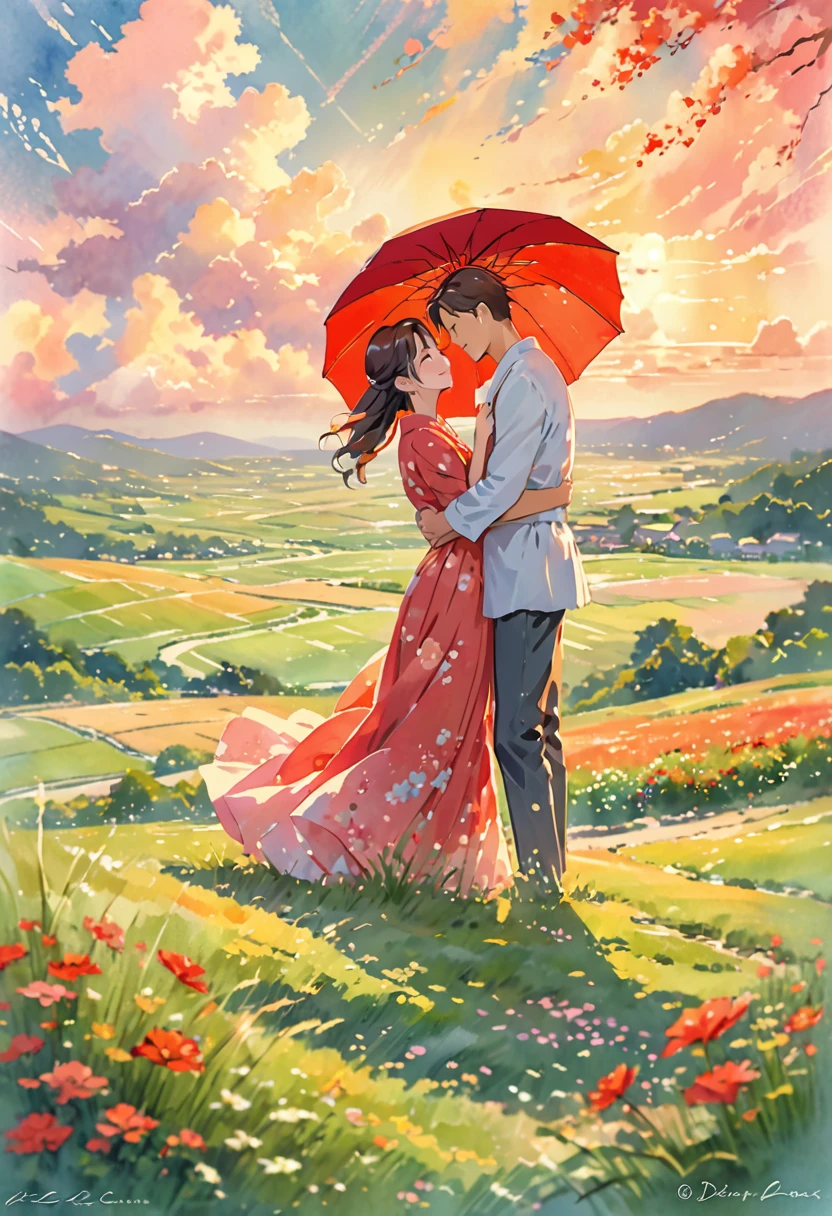 A romantic couple standing together on a grassy plain, holding a red umbrella. The man and woman embrace each other tenderly, looking into each other's eyes with love and affection. The scene is set against a backdrop of a vast open landscape, with a beautifully clouded sky above. The lush green grass in the foreground stretches out, providing a soft and natural base for the scene. The image has a slightly painterly effect, with the colors appearing vibrant and soft, reminiscent of an anime or watercolor painting. The overall atmosphere is serene and romantic, capturing a tender moment between the couple. The focus is on the couple, with the background slightly blurred, adding depth to the composition. The photograph is taken from a wide perspective, making the couple appear far away, and capturing a broad view of the sky and landscape. This wide-angle approach emphasizes the expansive beauty of the surroundings, highlighting the vast, cloud-filled sky and the rolling grassy fields, enhancing the dreamy and romantic ambiance of the scene