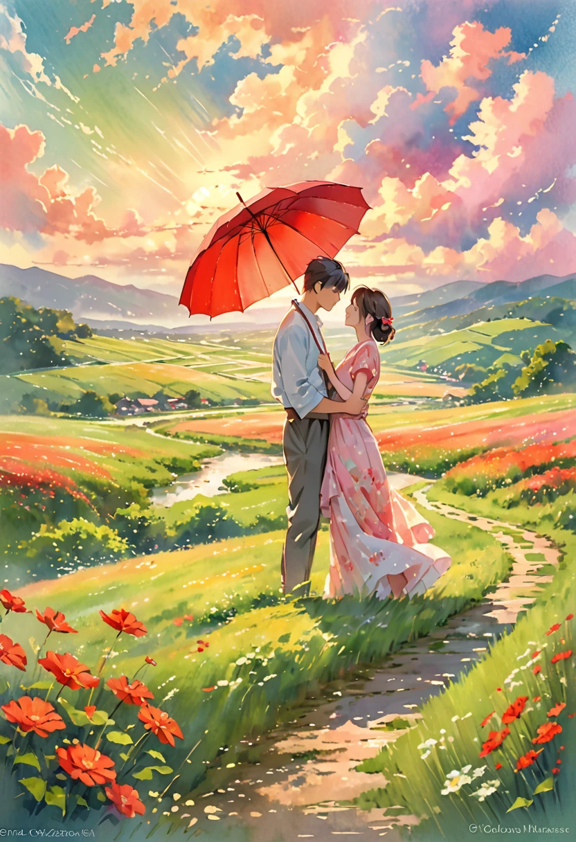 A romantic couple standing together on a grassy plain, holding a red umbrella. The man and woman embrace each other tenderly, looking into each other's eyes with love and affection. The scene is set against a backdrop of a vast open landscape, with a beautifully clouded sky above. The lush green grass in the foreground stretches out, providing a soft and natural base for the scene. The image has a slightly painterly effect, with the colors appearing vibrant and soft, reminiscent of an anime or watercolor painting. The overall atmosphere is serene and romantic, capturing a tender moment between the couple. The focus is on the couple, with the background slightly blurred, adding depth to the composition. The photograph is taken from a wide perspective, making the couple appear far away, and capturing a broad view of the sky and landscape. This wide-angle approach emphasizes the expansive beauty of the surroundings, highlighting the vast, cloud-filled sky and the rolling grassy fields, enhancing the dreamy and romantic ambiance of the scene