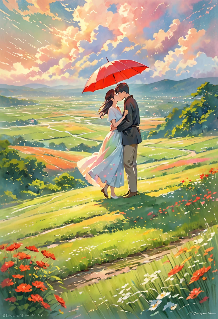 A romantic couple standing together on a grassy plain, holding a red umbrella. The man and woman embrace each other tenderly, looking into each other's eyes with love and affection. The scene is set against a backdrop of a vast open landscape, with a beautifully clouded sky above. The lush green grass in the foreground stretches out, providing a soft and natural base for the scene. The image has a slightly painterly effect, with the colors appearing vibrant and soft, reminiscent of an anime or watercolor painting. The overall atmosphere is serene and romantic, capturing a tender moment between the couple. The focus is on the couple, with the background slightly blurred, adding depth to the composition. The photograph is taken from a wide perspective, making the couple appear far away, and capturing a broad view of the sky and landscape. This wide-angle approach emphasizes the expansive beauty of the surroundings, highlighting the vast, cloud-filled sky and the rolling grassy fields, enhancing the dreamy and romantic ambiance of the scene