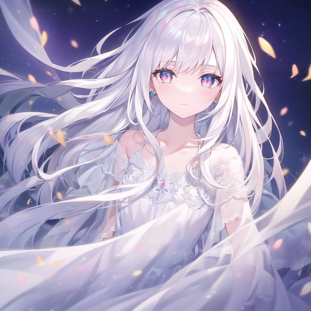 ((masterpiece, best quality))++, Detailed lighting+, Detailed hair+, Detail hand+ ,1 girl, Miss, Long hair, Crimson eyes, beautiful eyes, young white hair,,(Beautiful white hair:1.5),(Beautiful and delicate eyes), high resolution+,glass tint, Reflective eyes, {{angle}} , Very detailed wallpaper, The original, Air bangs,Extremely beautiful CG,Firefly,Galaxy,Shattered like a mirroghting,Galaxy