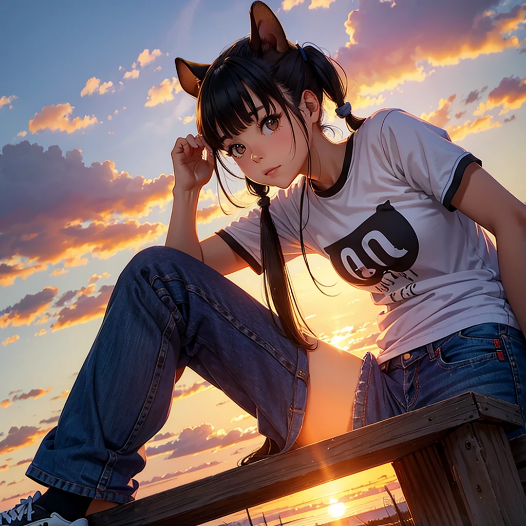 pigtail squirrel one woman sunset casual clothes