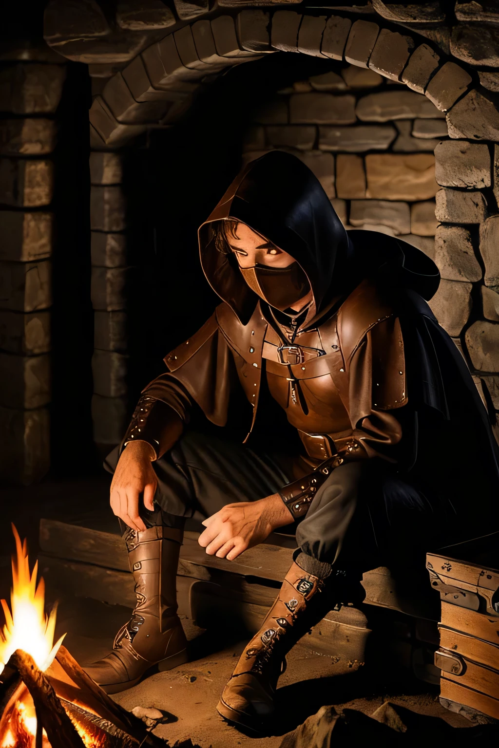 ((Best Quality)), (Detailed), Dungeon, Campfire Light, 1 Man (Leather chest), Sitting, Medieval style, face covered, hood, night, (Head down), (right point of view), full body
