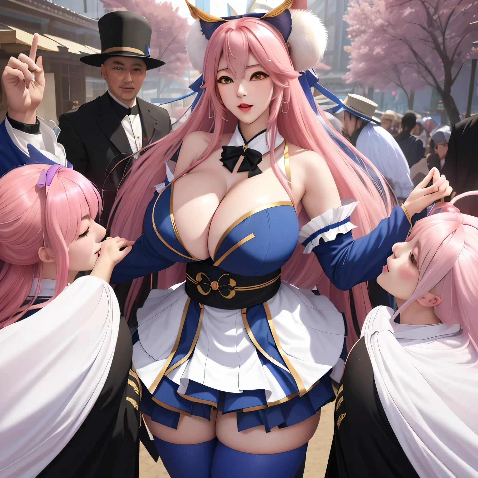 Tamamo, used by men for sexual relief Pink Hair A large blue ribbon on the back of the head super breasts Plump Big Areola ahegao BIG ASS Big waist Plump Thick thighs Getting by multiple men Expose Multiple onlookers Slave Market Show Being restrained Highly detailed face Perfect hands elegant,((超huge huge huge Huge breasts)) 8k、(((Incredibly large breasts)))、(Incredibly large breasts:1.5)、((Huge breasts))、Correct five-finger