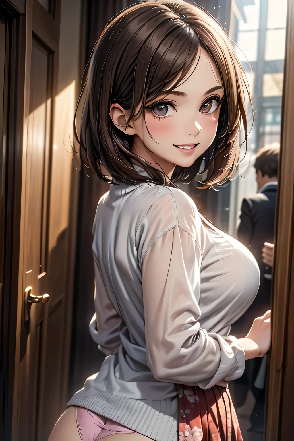 One Woman, alone, middle aged, Beautiful woman、I could see the whole body、 ((short hair)), ((Brown eyes, Beautiful eyelashes, Realistic eyes)), ((Detailed face, blush:1.2)), ((Smooth texture:0.75, Realistic texture:0.65, Realistic:1.1, Anime CG style)), Glamorous Body, Big Breasts, Dynamic Angle, Perfect body, ((Purple transparent blouse, Red mini skirt))、(Hotel stairs)、the wind is strong、(Very embarrassing panic smile)、looked back、I can see her ass sticking out in front of me....、Angle looking up from the bottom of the stairs、 (((I can see your whole ass、Pink floral panties)))、((Tabletop, Highest quality, High resolution, Pixel Perfect, 4K,))),