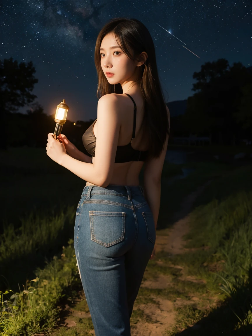 a girl, (holding a lantern), walking in the field, dark sky, fireflies all around. She is wearing a black bra, a thin jacket loosely untied, tight pants, has a beautiful figure, beautiful breasts, beautiful buttocks, beautiful long legs, (full body shot), artistic composition, (back view), looking at the viewer, starry night sky, natural light.