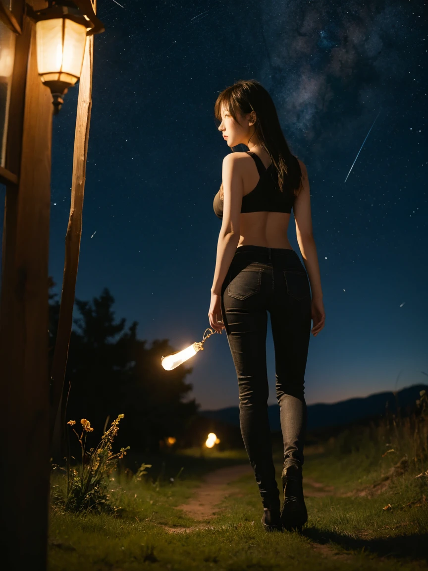 a girl, (holding a lantern), walking in the field, dark sky, fireflies all around. She is wearing a black bra, a thin jacket loosely untied, tight pants, has a beautiful figure, beautiful breasts, beautiful buttocks, beautiful long legs, (full body shot), artistic composition, (back view), looking at the viewer, starry night sky, natural light.