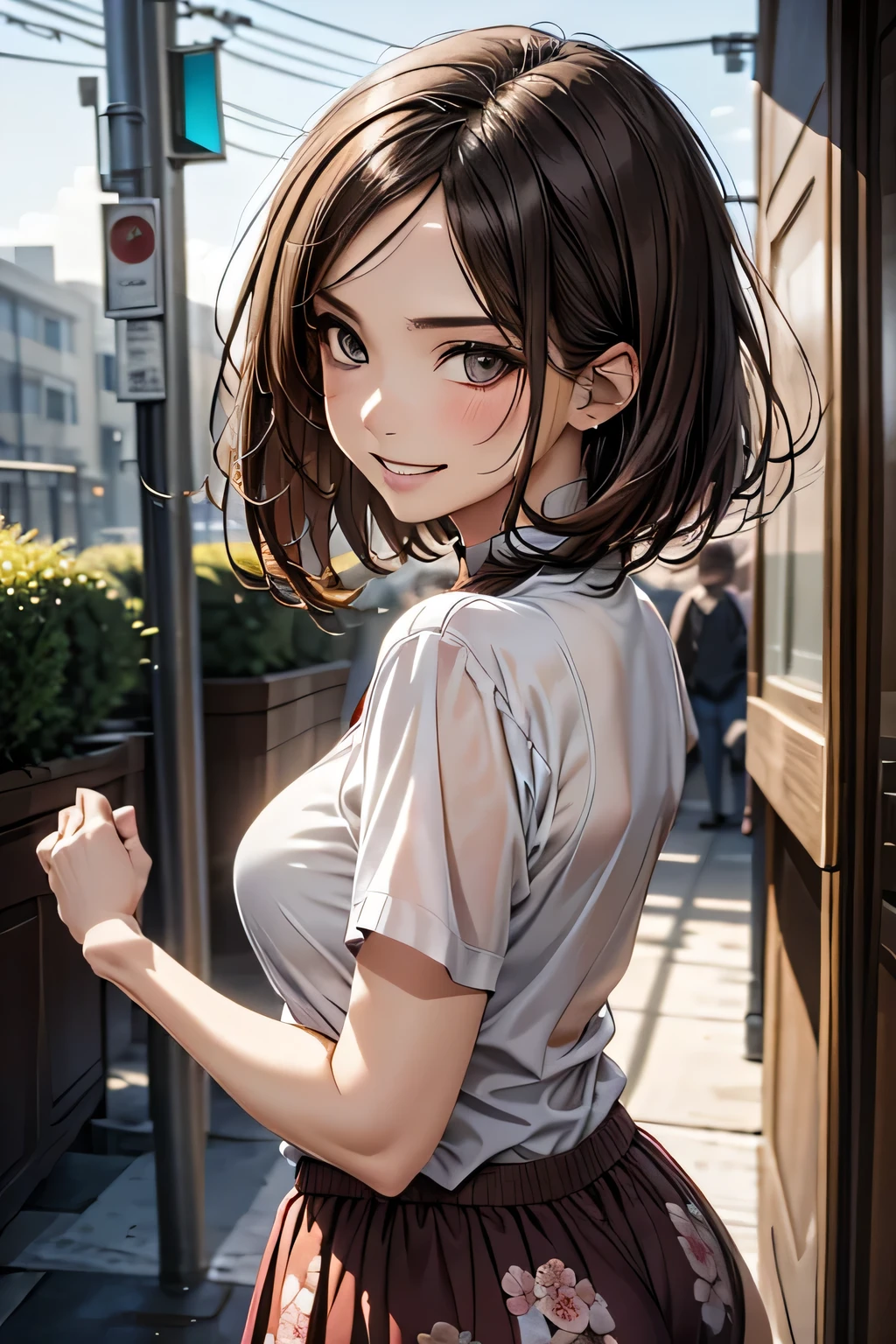 One Woman, alone, middle aged, Beautiful woman、I could see the whole body、 ((short hair)), ((Brown eyes, Beautiful eyelashes, Realistic eyes)), ((Detailed face, blush:1.2)), ((Smooth texture:0.75, Realistic texture:0.65, Realistic:1.1, Anime CG style)), Glamorous Body, Big Breasts, Dynamic Angle, Perfect body, ((Purple transparent blouse, Red mini skirt))、(Hotel stairs)、the wind is strong、(Very embarrassing panic smile)、looked back、I can see her ass sticking out in front of me....、Angle looking up from the bottom of the stairs、 (((I can see your whole ass、Pink floral panties)))、((Tabletop, Highest quality, High resolution, Pixel Perfect, 4K,))),