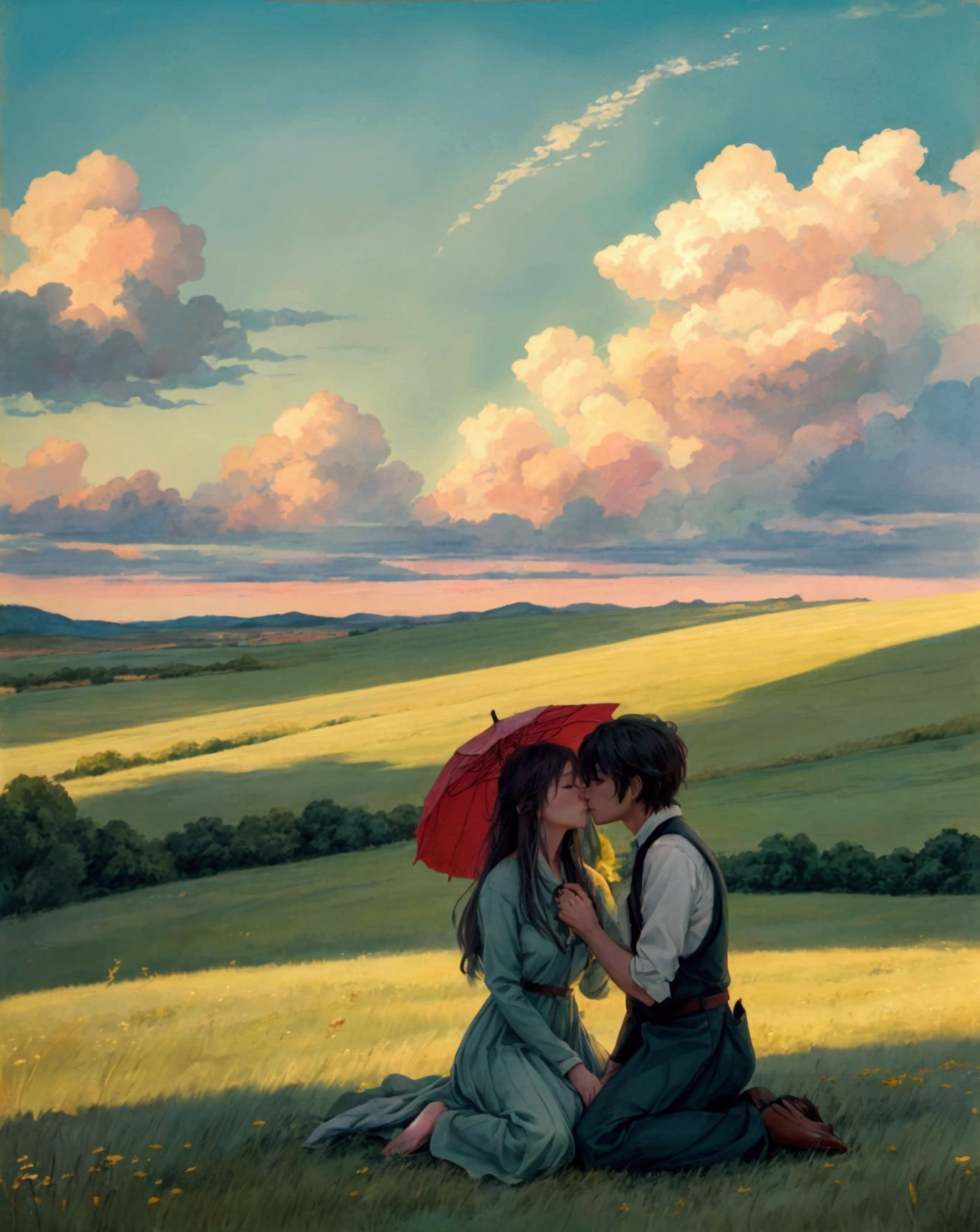 A romantic couple standing together on a grassy plain, holding a red umbrella. The man and woman embrace each other tenderly, looking into each other's eyes with love and affection. The scene is set against a backdrop of a vast open landscape, with a beautifully clouded sky above. The lush green grass in the foreground stretches out, providing a soft and natural base for the scene. The image has a slightly painterly effect, with the colors appearing vibrant and soft, reminiscent of an anime or watercolor painting. The overall atmosphere is serene and romantic, capturing a tender moment between the couple. The focus is on the couple, with the background slightly blurred, adding depth to the composition. The photograph is taken from a wide perspective, making the couple appear far away, and capturing a broad view of the sky and landscape. This wide-angle approach emphasizes the expansive beauty of the surroundings, highlighting the vast, cloud-filled sky and the rolling grassy fields, enhancing the dreamy and romantic ambiance of the scene