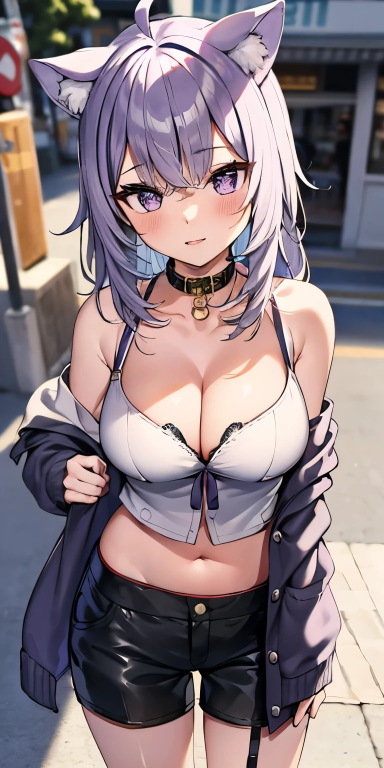 (masterpiece:1.6, best quality), (finely detailed beautiful eyes: 1.2), (Overhead view), high quality, beautiful face, 1girl, wide shot, white crop top, leather short shorts, oversized leather jacket, open shoulders, silver hair, large breasts, long hair, wide hips, (leaning to the side, ), street, background, detailed background, okayucasual, dress shirt, purple ribbon, naked shirt, open cardigan, cat tail, ahoge,purple eyes,collar,bare shoulders,breast cleavage,