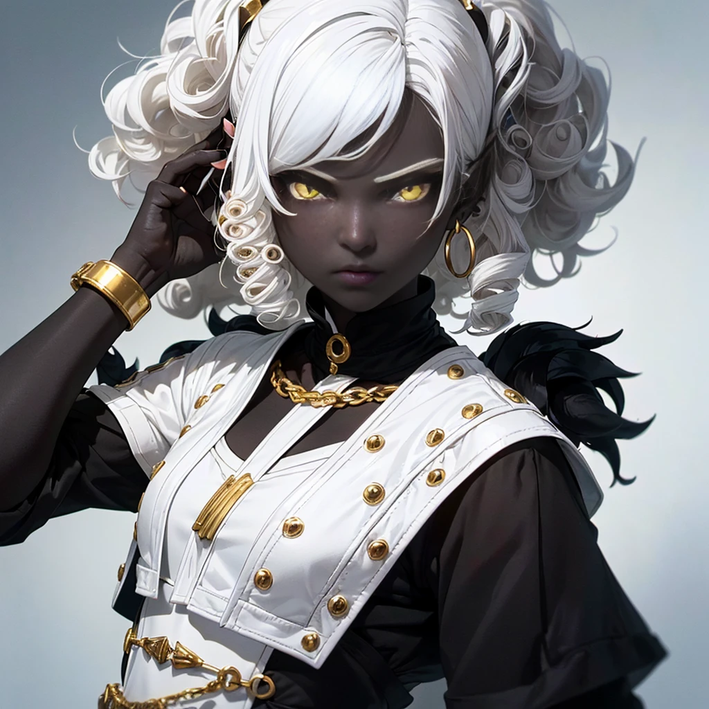 1girl,Black girl, (((black skin))), (((black skin, mulher preta))),dark skin,(((short hair, (((white curly hair))), white hair))), yellow eyes, earring, wearing white armor with gold accents