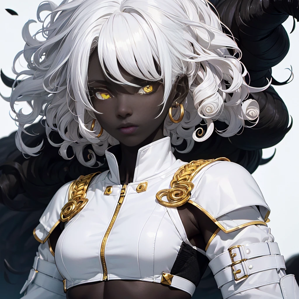 1girl,Black girl, (((black skin))), (((black skin, mulher preta))),dark skin,(((short hair, (((white curly hair))), white hair))), yellow eyes, earring, wearing white armor with gold accents