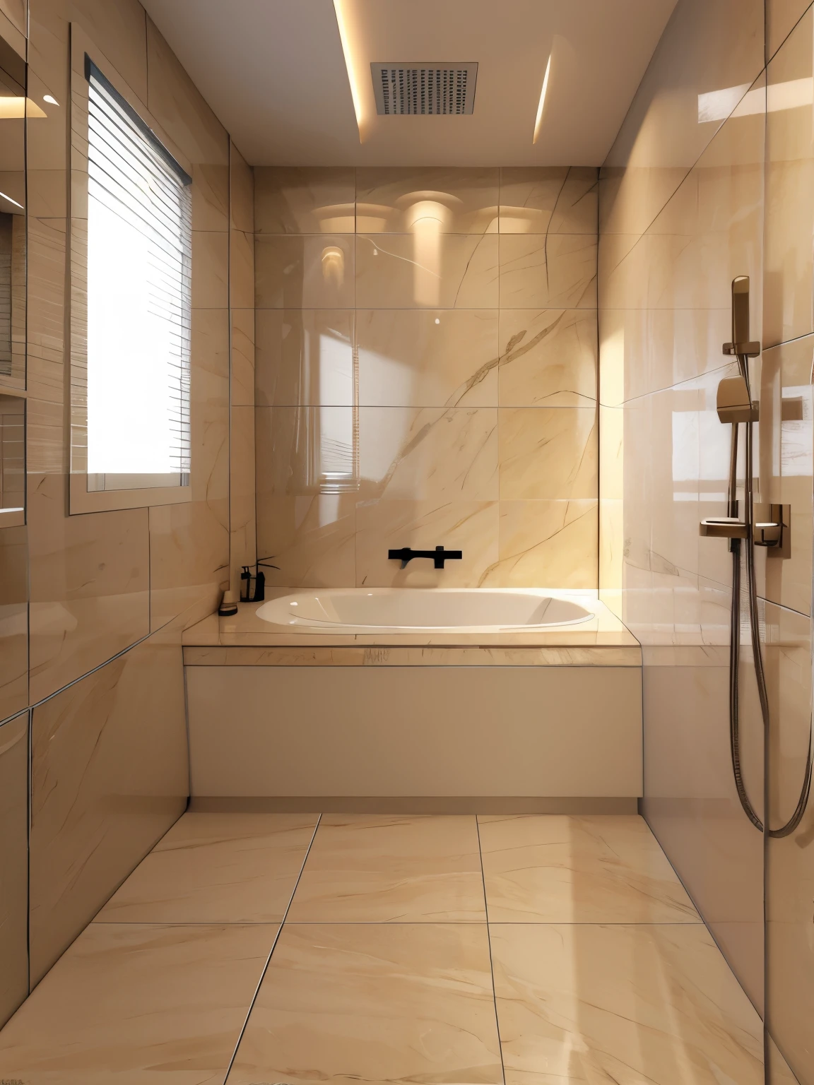 (masterpiece:1.2, best quality:1.2), (1girl), professional lightings, cinematic lightings, 8k wallpaper, (ultra realistic interior of modern bath & shower room, ultra detailed interior of modern bath & shower room tile floor, marble wall),