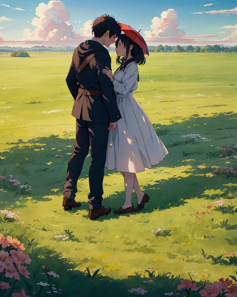 A romantic couple standing together on a grassy plain, holding a red umbrella. The man and woman embrace each other tenderly, looking into each other's eyes with love and affection. The scene is set against a backdrop of a vast open landscape, with a beautifully clouded sky above. The lush green grass in the foreground stretches out, providing a soft and natural base for the scene. The image has a slightly painterly effect, with the colors appearing vibrant and soft, reminiscent of an anime or watercolor painting. The overall atmosphere is serene and romantic, capturing a tender moment between the couple. The focus is on the couple, with the background slightly blurred, adding depth to the composition. The photograph is taken from a wide perspective, making the couple appear far away, and capturing a broad view of the sky and landscape. This wide-angle approach emphasizes the expansive beauty of the surroundings, highlighting the vast, cloud-filled sky and the rolling grassy fields, enhancing the dreamy and romantic ambiance of the scene