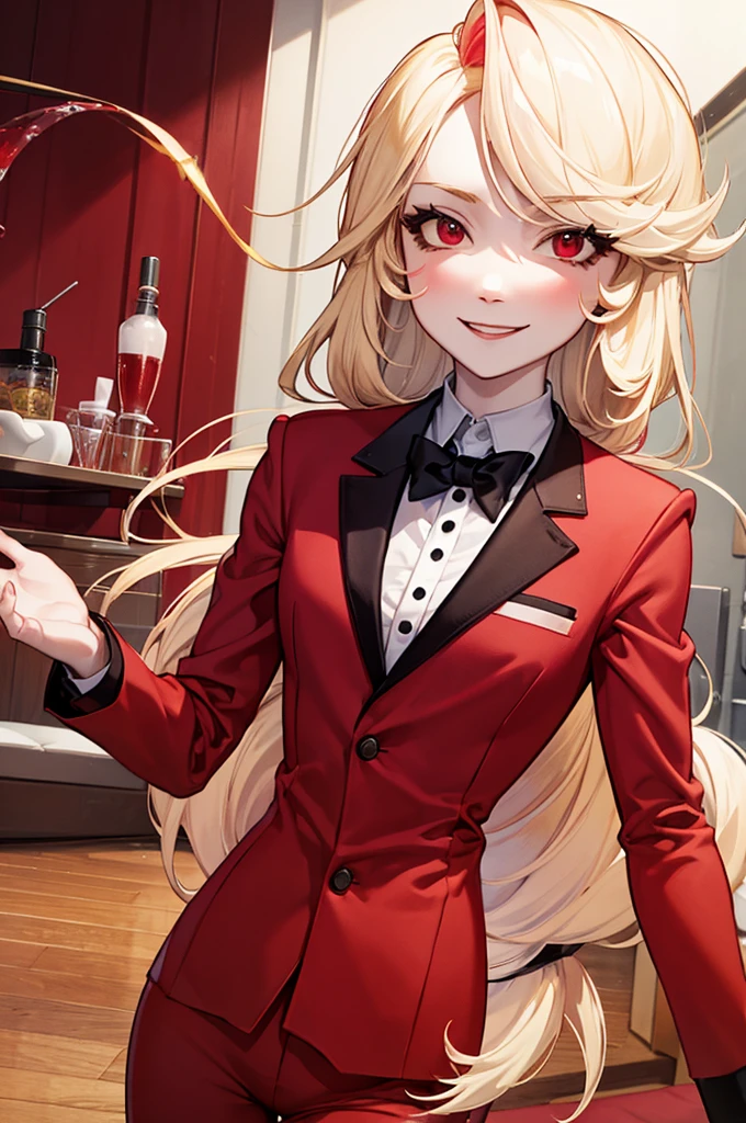 Charlie Morningstar, by the wide, Red suit, Red pants, 1 girl, yellow sclera, by rubio, White skin, perfect anatomy, smiling