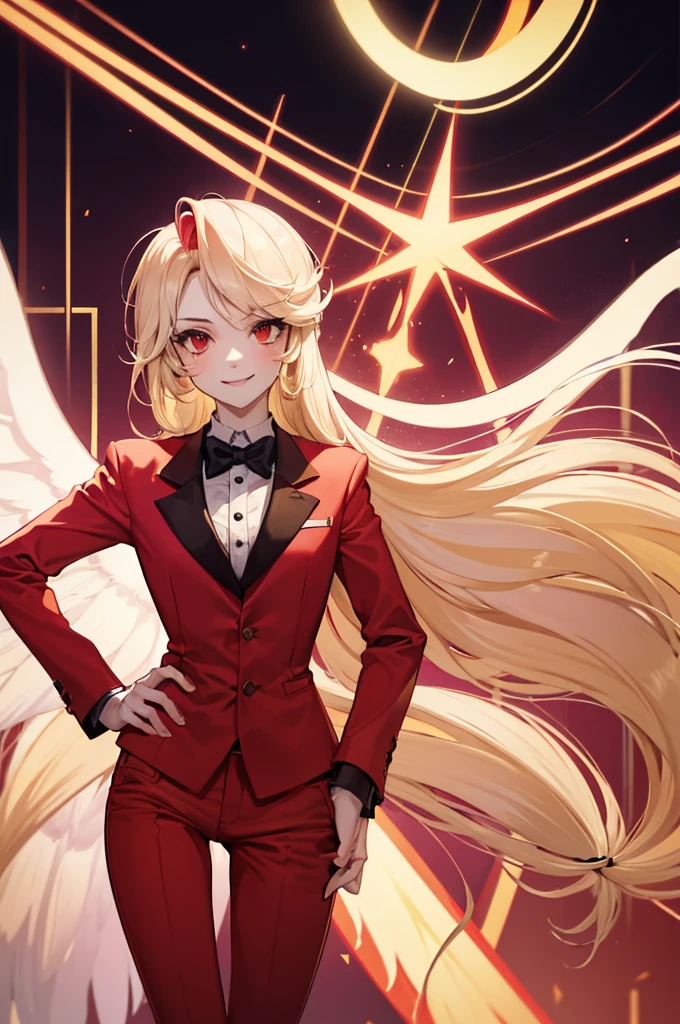 Charlie Morningstar, by the wide, Red suit, Red pants, 1 girl, yellow sclera, by rubio, White skin, perfect anatomy, smiling